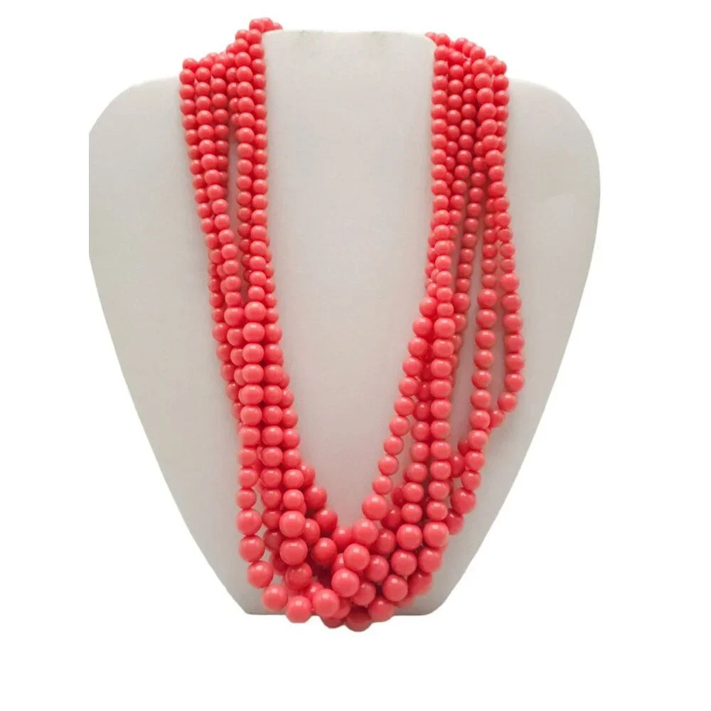 Multi Strand Pink Acr Beaded Statement Necklace Lobster Closure Gold Tone Vintag